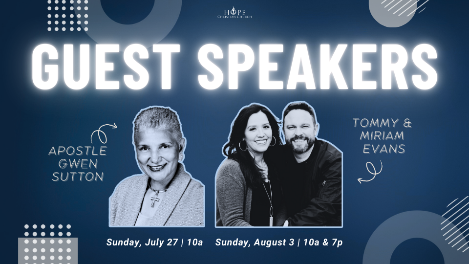 Guest Speakers

Apostle Gwen Sutton

Tommy & Miriam Evans

 
